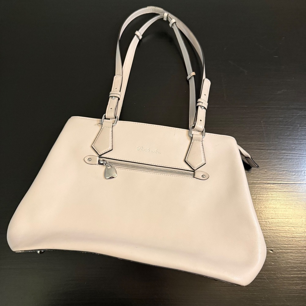 Bostanten Women Off White Leather Tote Shoulder Bag Silver Hardware Cream Large